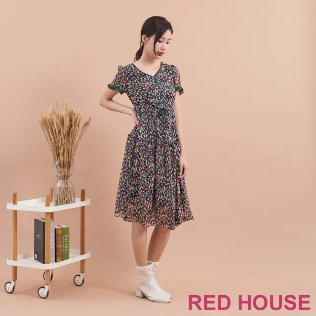 【RED HOUSE 蕾赫斯】普普風幾何印花雪紡洋裝(綠色)