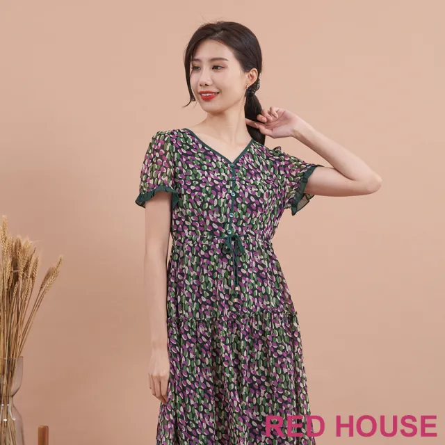 【RED HOUSE 蕾赫斯】普普風幾何印花雪紡洋裝(綠色)