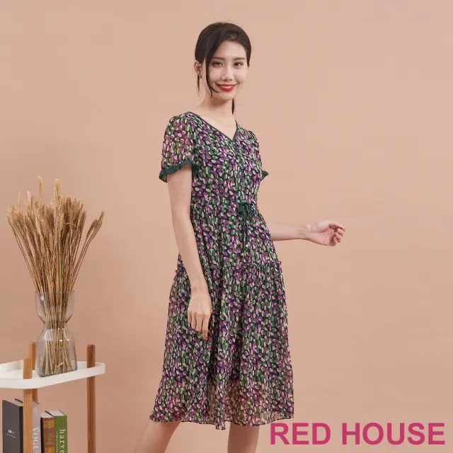 【RED HOUSE 蕾赫斯】普普風幾何印花雪紡洋裝(綠色)