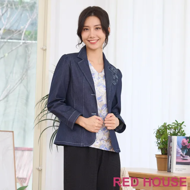 【RED HOUSE 蕾赫斯】花朵點綴牛仔西裝外套(藍色)
