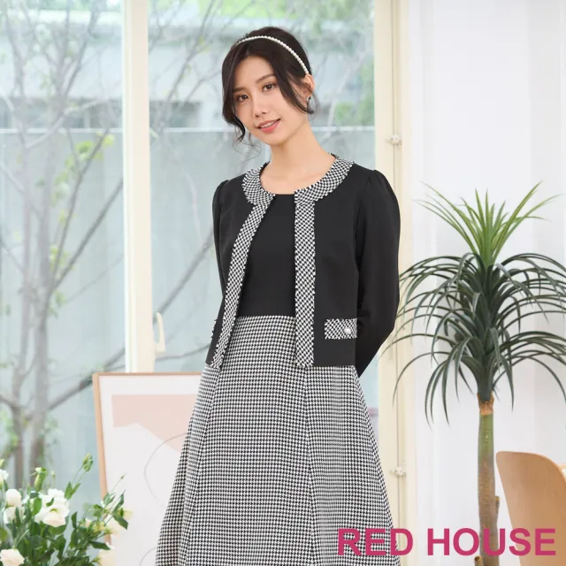 【RED HOUSE 蕾赫斯】千鳥格拼接小香風外套(黑色)