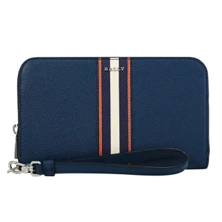 【BALLY】金屬LOGO雙色條紋牛皮活動手提把寬版零錢長夾(藍 全新福利品)