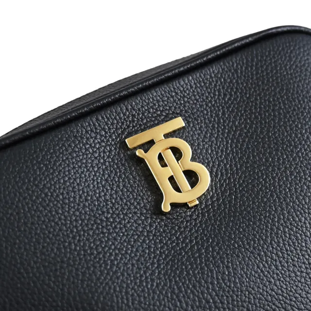 【BURBERRY 巴寶莉】簡約金屬TB LOGO小牛皮方包相機包斜背包(黑)