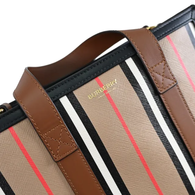 【BURBERRY 巴寶莉】英系經典條紋牛皮拼接手提紙袋造型手提袋兩用包(卡其)