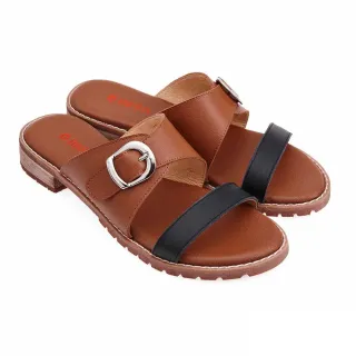 【A.S.O 阿瘦集團】BESO 芯軟Q系列-質感牛皮跳色大圓楦低跟拖鞋(女鞋_茶色)