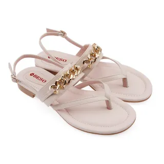 【A.S.O 阿瘦集團】BESO 芯軟Q系列-質感羊皮鍊條厚軟墊平底夾腳涼鞋(女鞋_米色)