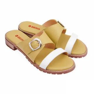 【A.S.O 阿瘦集團】BESO 芯軟Q系列-質感牛皮跳色大圓楦低跟拖鞋(女鞋_芥末黃)