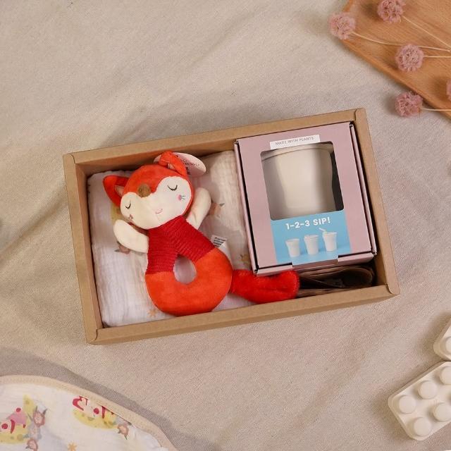 【Qbibiya】MOMO獨家-俏皮小禮盒-Laban聯名款-愛喝水水杯+手搖鈴+萬用巾(滿月彌月新生兒生日禮)