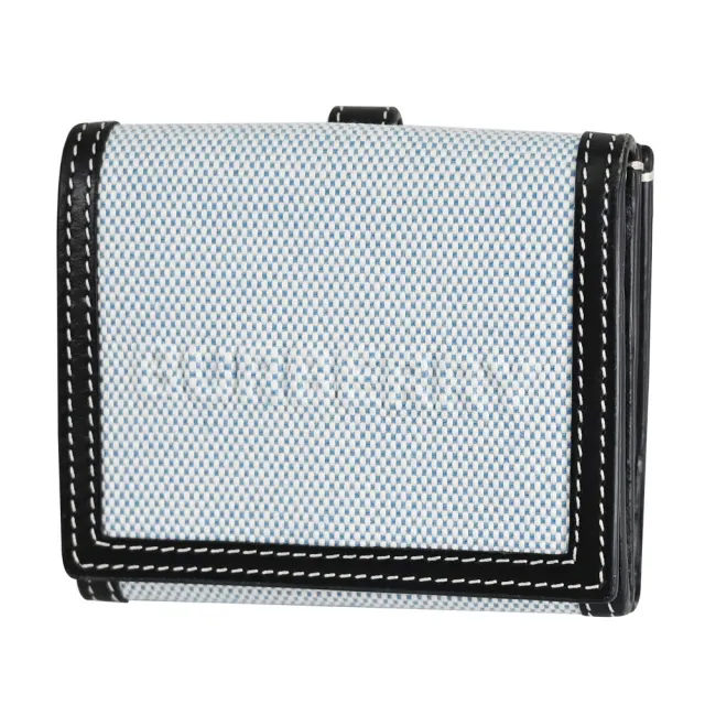 【BURBERRY 巴寶莉】LUNA 經典品牌LOGO棉麻牛皮拼接扣式雙面零錢短夾(黑邊)