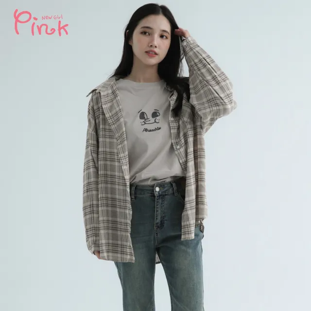 【PINK NEW GIRL】休閒格紋長袖襯衫 X2203CC