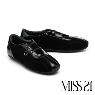 【MISS 21】迷星球場金屬馬蹄環全真皮芭蕾薄底休閒鞋(黑)