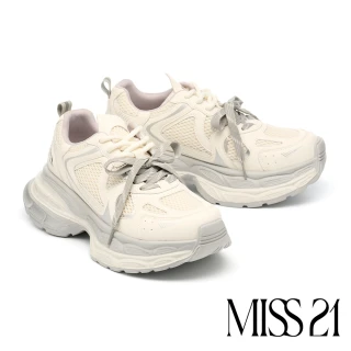 【MISS 21】酷潮街頭感雙色綁帶異材質老爹厚底休閒鞋(白)