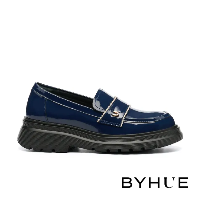 【BYHUE】純欲學院風U字釦寬帶異材質軟芯微Q底樂福厚底鞋(藍)