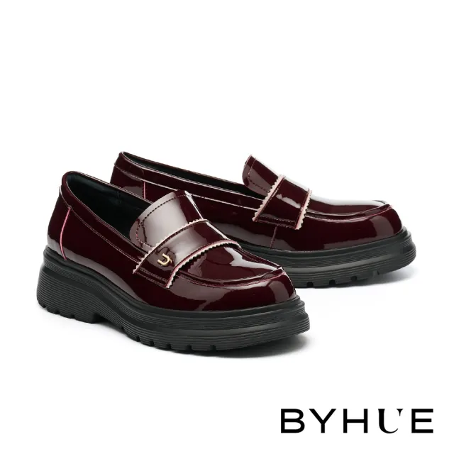 【BYHUE】純欲學院風U字釦寬帶異材質軟芯微Q底樂福厚底鞋(紅)