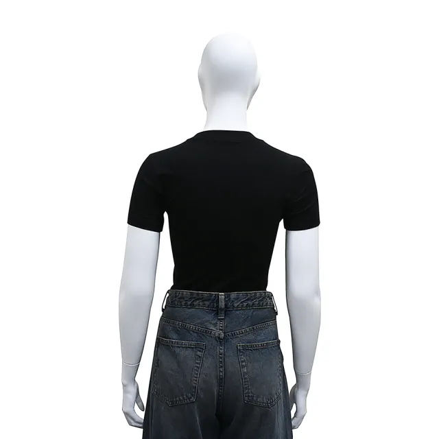 【VERSACE 凡賽斯】VERSACE JEANS COUTURE亮片藝術花紋搭圓圈設計棉質混紡修身短袖T恤(女款/黑)