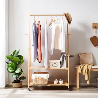 【hoi! 好好生活】林氏木業北歐經典實木雙層滾輪衣帽架 LS176-原木色