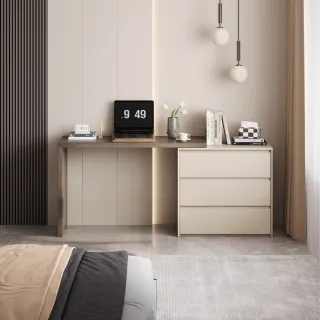 【hoi! 好好生活】Linsy現代簡約三斗櫃伸縮化妝桌 暖咖木紋