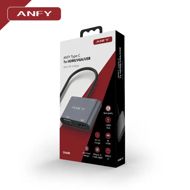 ANFY Type-C TO HDMI/VGA/USB/PD 轉接器 CH400