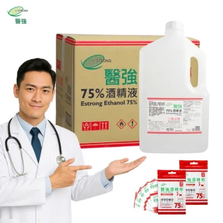 【醫強】75%酒精液 6桶組+酒精布單片包 2袋(4000ml/桶+酒精布單片包2袋 防疫清潔)