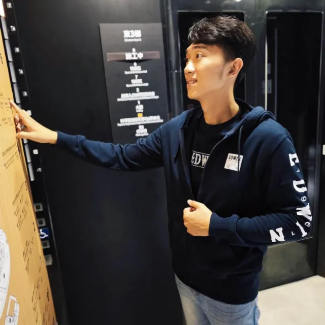 【EDWIN】男裝 網路獨家↘率性左袖LOGO連帽拉T外套(丈青色)