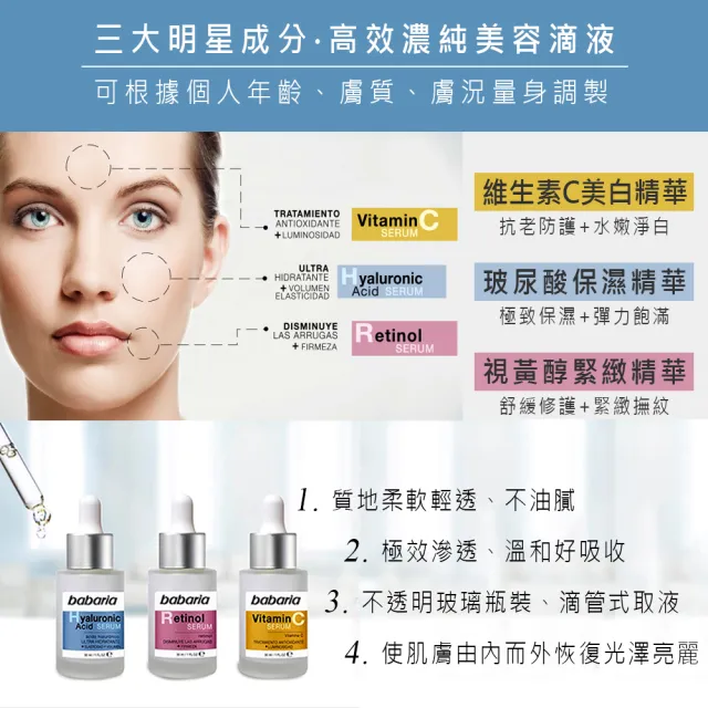 【Babaria】買1送1保濕緊緻精華液30ml-玻尿酸/視黃純/美白(公司貨)