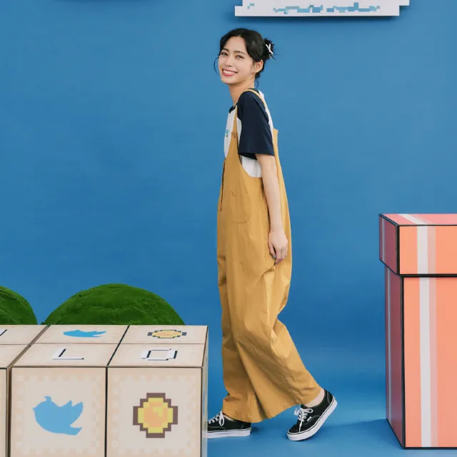 【Dailo】可愛貓貓口袋彈性連身褲(藍 綠 黃)