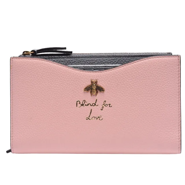 【GUCCI 古馳】經典蜜蜂LOGO牛皮多夾層暗釦手拿長夾(粉456683-A7M0T-5978)（其他規格）