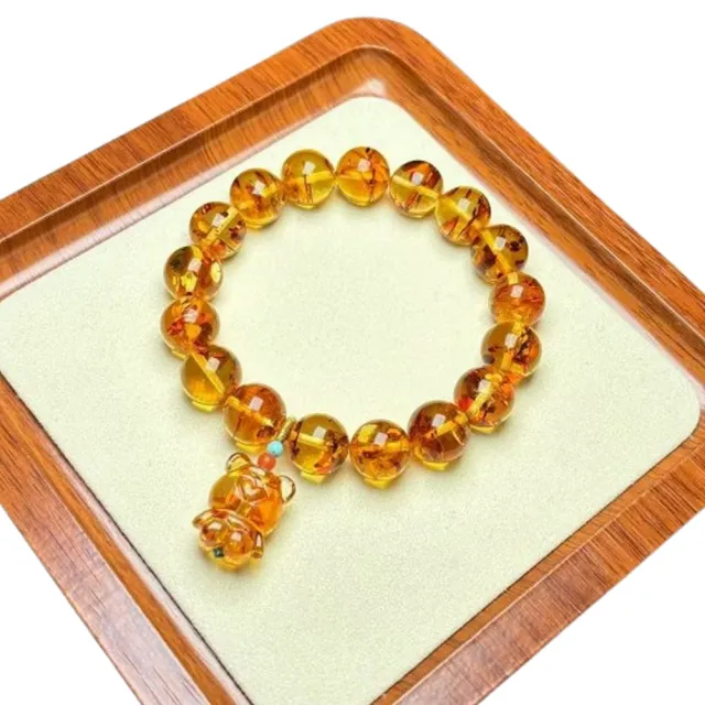 【勝弘珠寶】波羅的海花珀配小熊手串-11mm(花珀手串)