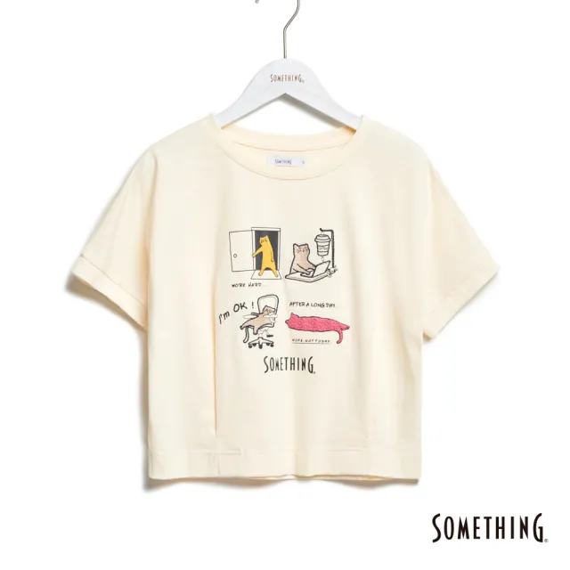 【SOMETHING】女裝 漫畫貓咪寬版短袖T恤(淺卡其)
