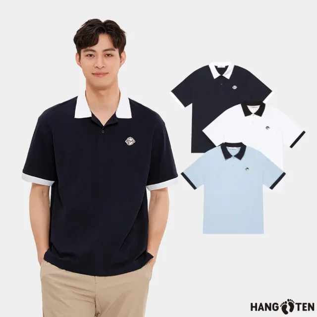 【Hang Ten】買一送一 男裝-織帶短袖/撞色經典熊刺繡短袖POLO衫(2入組)