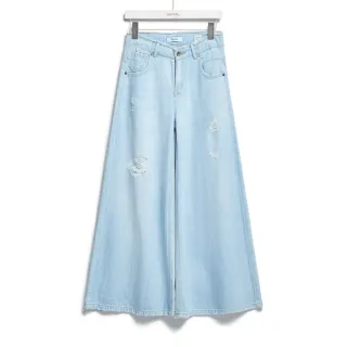 【SOMETHING】女裝 萊賽爾無腰頭超寬褲(漂淺藍)