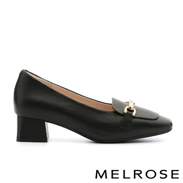 【MELROSE】美樂斯 復古時尚一字釦全真皮樂福方頭高跟鞋(黑)