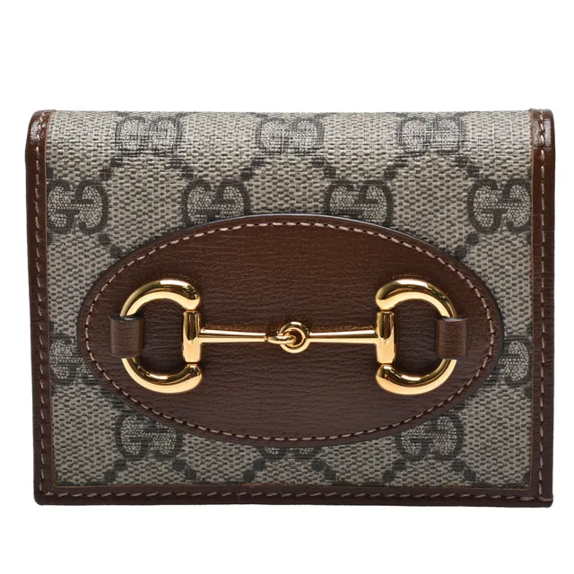 【GUCCI 古馳】經典Horsebit 1955系列Supreme帆布牛皮襯裡暗釦短夾(棕色621887-92TCG-8563)