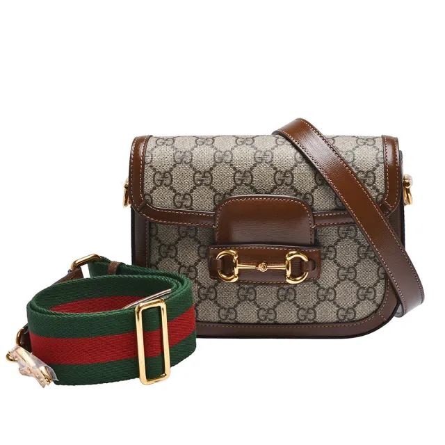 【GUCCI 古馳】經典1955 Horsebit系列GG Supreme帆布雙背帶斜背包(烏木色658574-HUHHG-8565)（其他規格）
