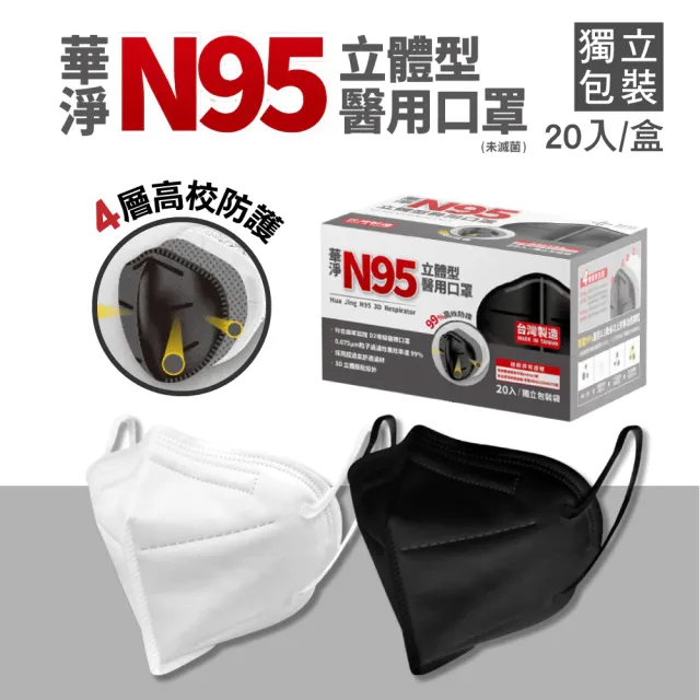 【華淨醫材】N95立體型成人醫療口罩 顏色任選 20入/盒(單片包裝)
