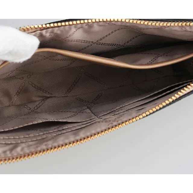 【Michael Kors】MICHAEL KORS 經典LOGO四合一PVC搭縫線牛皮拉鍊釦式手提斜背包(駱駝棕x奶茶棕)