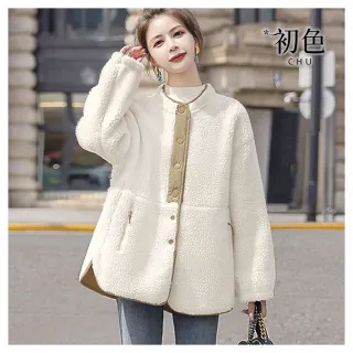 【初色】韓系仿羔羊毛拚色加厚寬鬆休閒立領長袖外套女外套-米白色-38878(M-3XL可選/快速出貨)