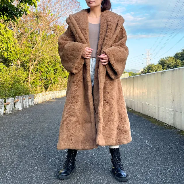 S Max Mara】APOGEO Oversized Teddy 厚絨泰迪落肩長大衣(棕/UK4 