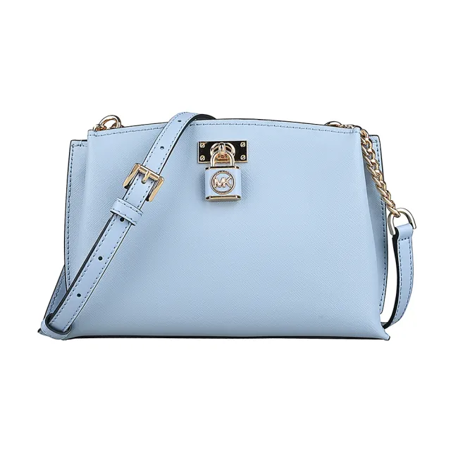 【Michael Kors】MICHAEL KORS Ruby 造型鎖頭十字紋防刮皮革拉鍊吸釦式斜背包(中/淡藍)