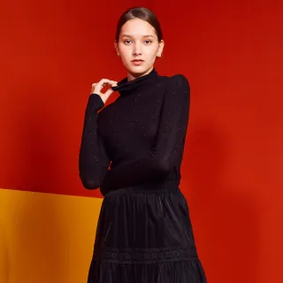 【GLORY21】速達-網路獨賣款-etc.燙鑽高領長袖羊毛針織上衣(黑色)