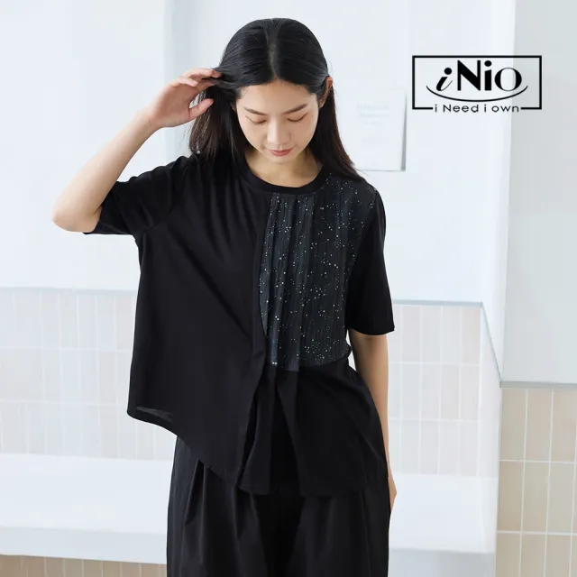 【iNio 衣著美學】短袖上衣 不對稱拼接 珠點壓紋 短袖棉T 黑/白(CEW1131)