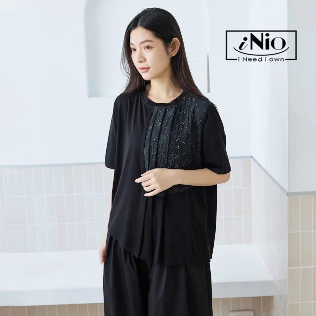 【iNio 衣著美學】短袖上衣 不對稱拼接 珠點壓紋 短袖棉T 黑/白(CEW1131)