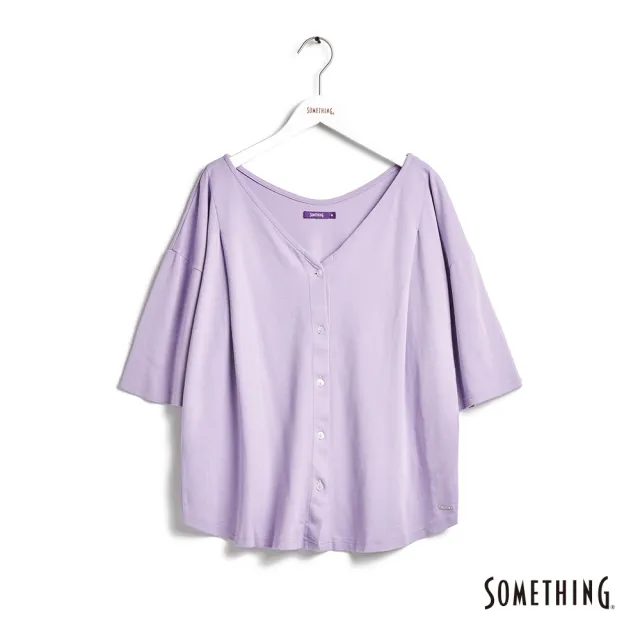 【SOMETHING】女裝 打褶造型寬版Ｖ領開襟短袖襯衫(粉紫色)