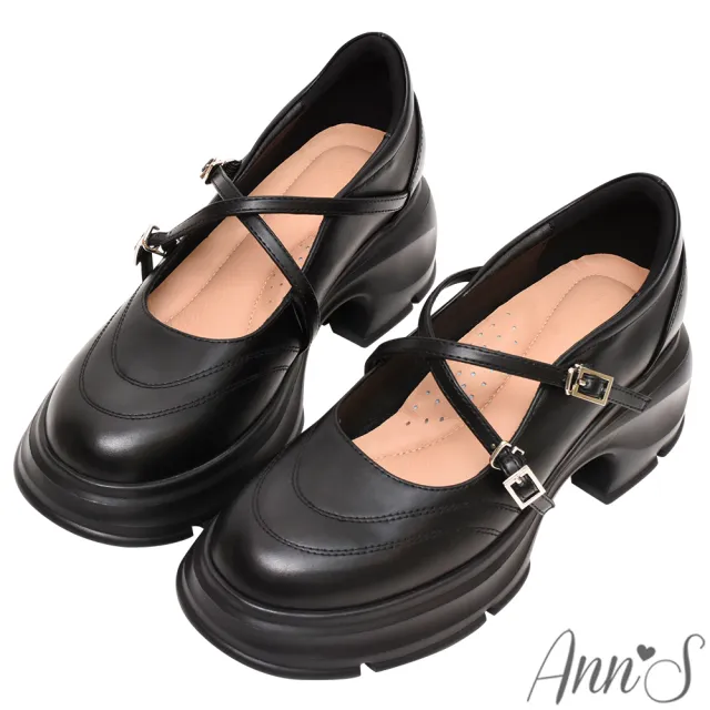 【Ann’S】甜酷不安分-運動風方扣厚底交叉瑪莉珍鞋5cm(黑)