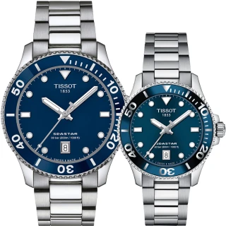【TISSOT 天梭】海洋之星潛水錶 對錶 情侶手錶 禮物(T1204101104100+T1202101104100)
