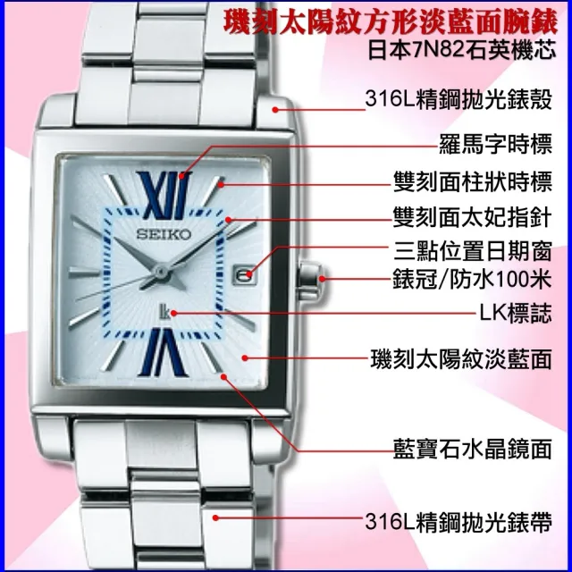 【SEIKO 精工】LUKIA方形款 天藍色璣刻太陽紋面精鋼石英腕錶-加超值好禮 SK004(SSVK131J/7N82-0FK0B)