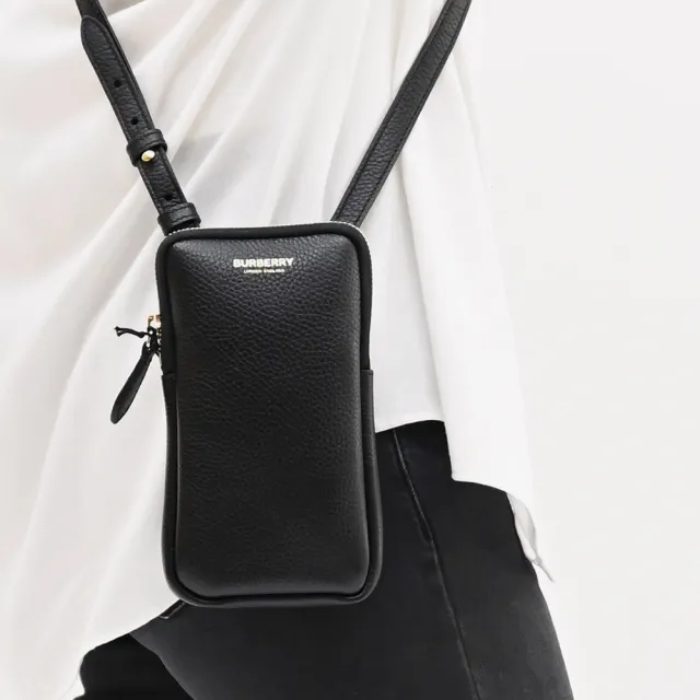 【BURBERRY 巴寶莉】簡約燙金LOGO小牛皮小包手機包斜背包(黑)