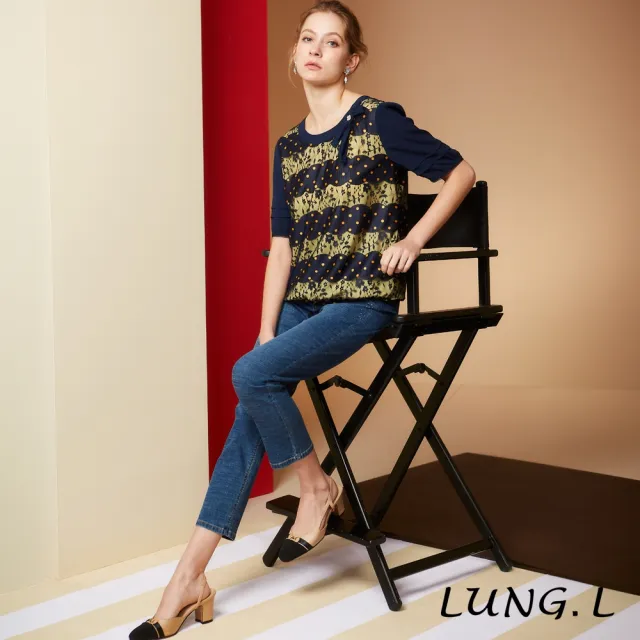 【LUNG.L 林佳樺】LS67A 優雅藍色蕾色微透黃色內層五分袖女裝上衣(春夏新品 加大尺碼)