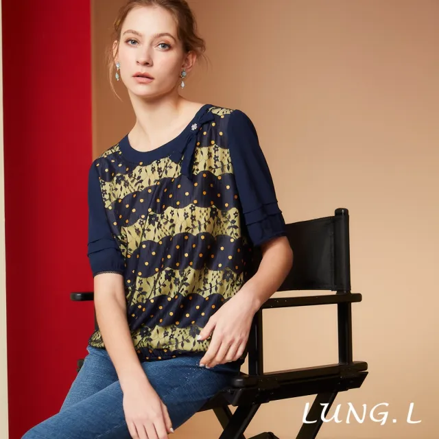 【LUNG.L 林佳樺】LS67A 優雅藍色蕾色微透黃色內層五分袖女裝上衣(春夏新品 加大尺碼)