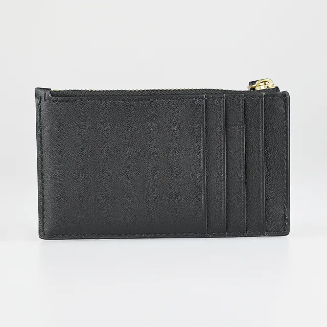 【TORY BURCH】TORY BURCH Kira 黃銅T字LOGO壓紋小牛皮搭尼龍4卡拉鍊零錢卡夾包(黑)